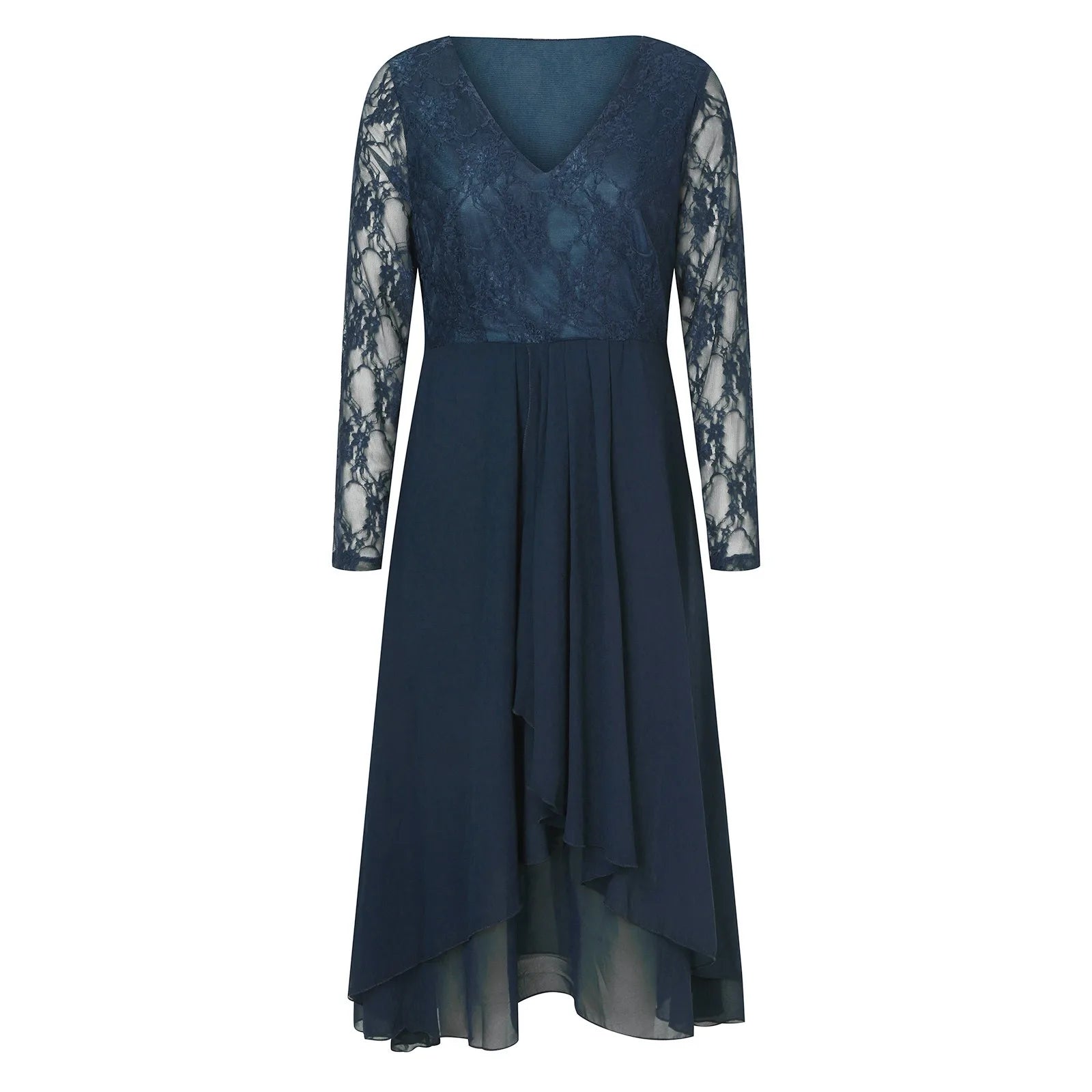 Flowing V Neck Midi Dress With Sheer Lace Sleeve Detailing