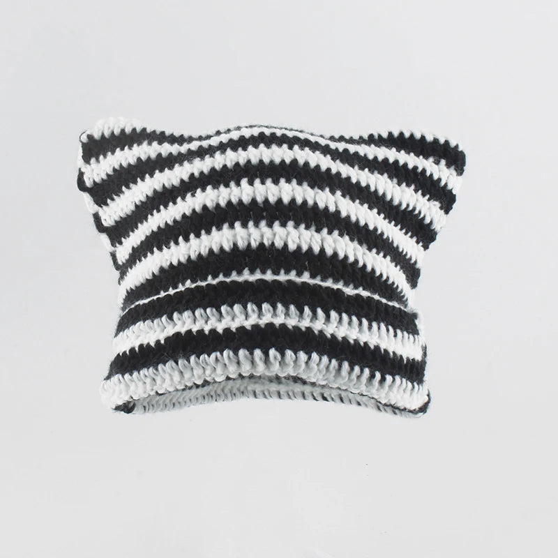 Striped Cat Ear Knit Beanie with Cotton Acrylic Blend for Playful Streetwear Fashion Style