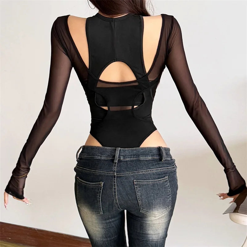 Mesh Panel Cutout Bodysuit for Gothic Techwear and Alternative Fashion