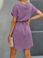 Batwing Sleeve Waist Tie Mini Dress with Relaxed A-Line Silhouette