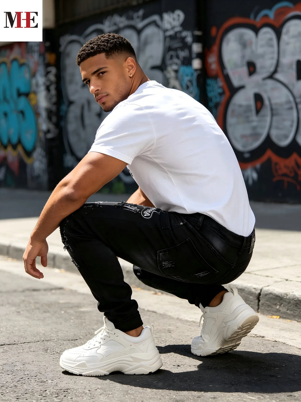 Men's Slim Straight Distressed Denim Jeans with Graphic Patch Streetwear Styling