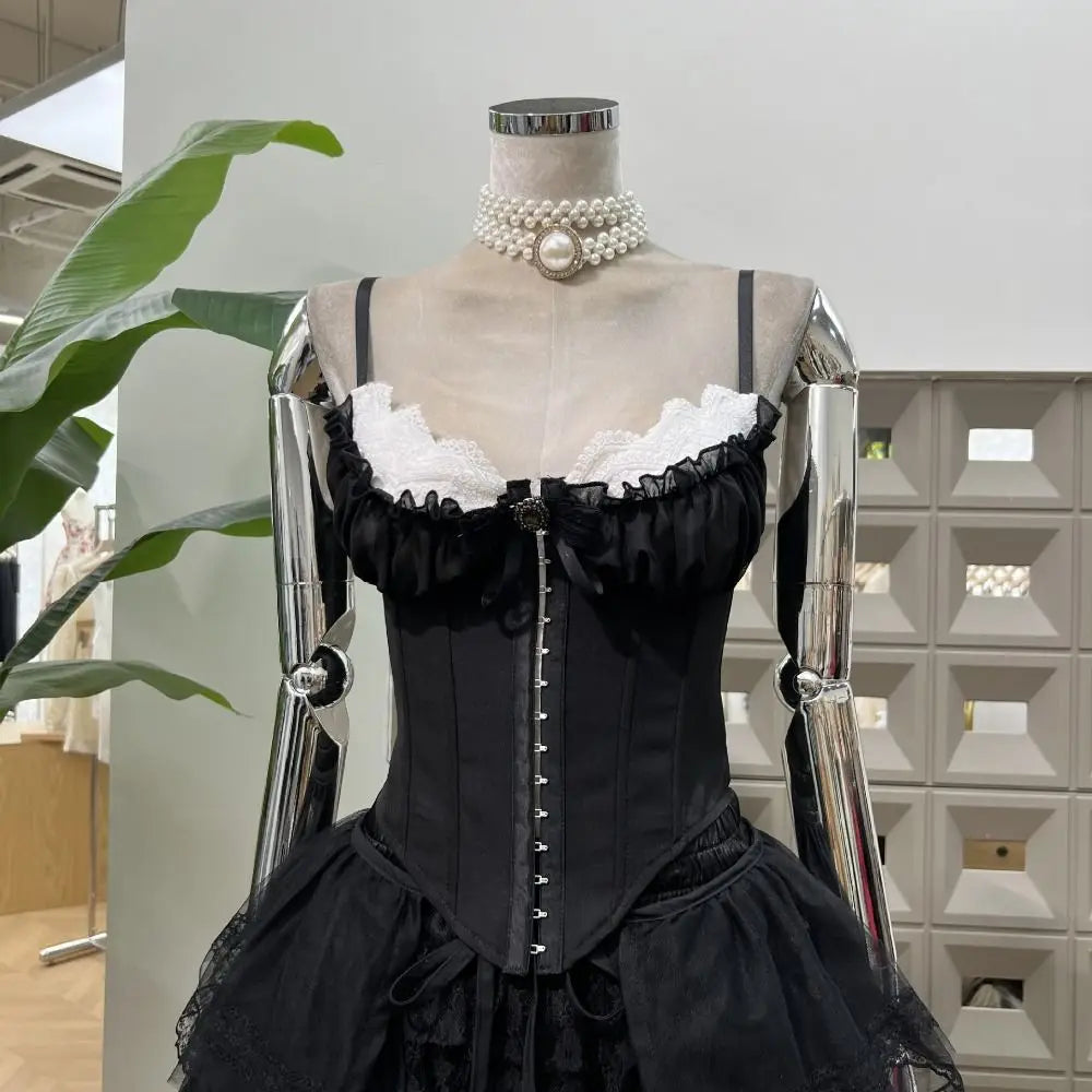 Vintage-Inspired Black Overbust Corset with White Ruffled Lace Trim