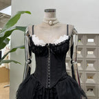 Vintage-Inspired Black Overbust Corset with White Ruffled Lace Trim