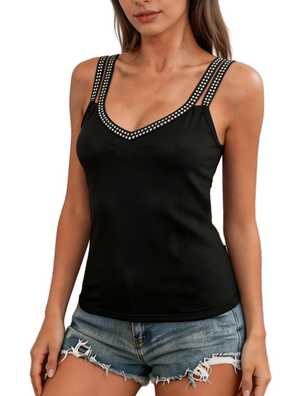 Double Strap V-Neck Tank Top with Rhinestone Trim Slim Fit Streetwear Camisole Style