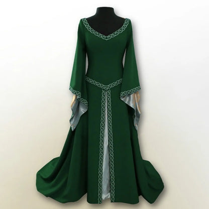 Medieval Gothic Embroidered Maxi Dress with Flowing Bell Sleeves and Elegant Silhouette
