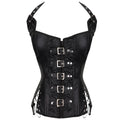 Brown Faux Leather Steampunk Halter Corset with Metal Buckles and Side Lacing