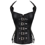 Brown Faux Leather Steampunk Halter Corset with Metal Buckles and Side Lacing