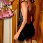 Dynamic Black Fringe Mini Dress with Plunging V-Neckline and Thin Straps