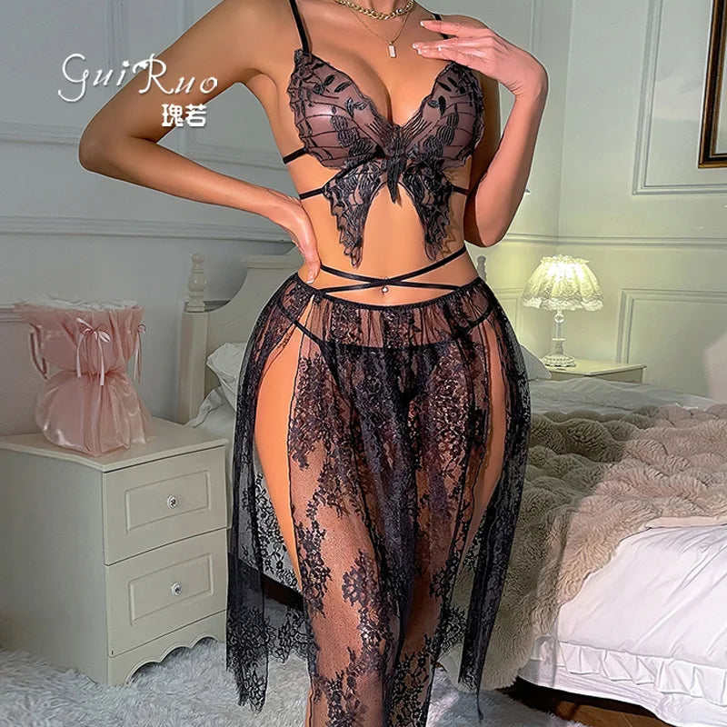Sheer Black Lace Butterfly Bodice Ensemble with Flowing Midi Skirt