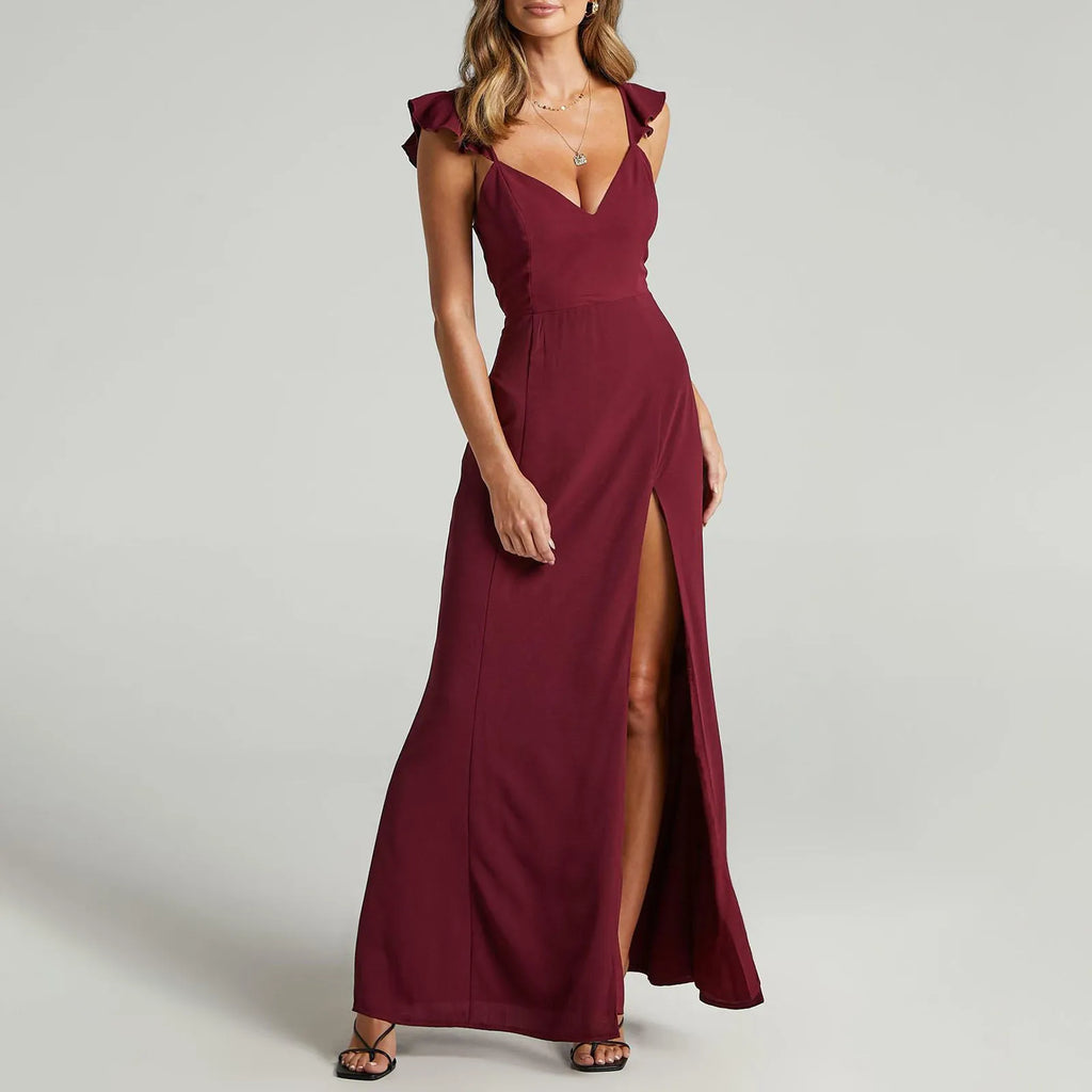 Ruched Sleeveless Maxi Dress With Deep Neckline And Front Slit