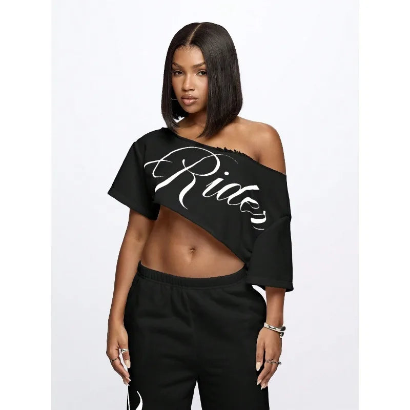 Women's Asymmetric Off Shoulder Graphic Crop T-Shirt for Modern Streetwear and Casual Everyday Style