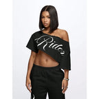 Women's Asymmetric Off Shoulder Graphic Crop T-Shirt for Modern Streetwear and Casual Everyday Style