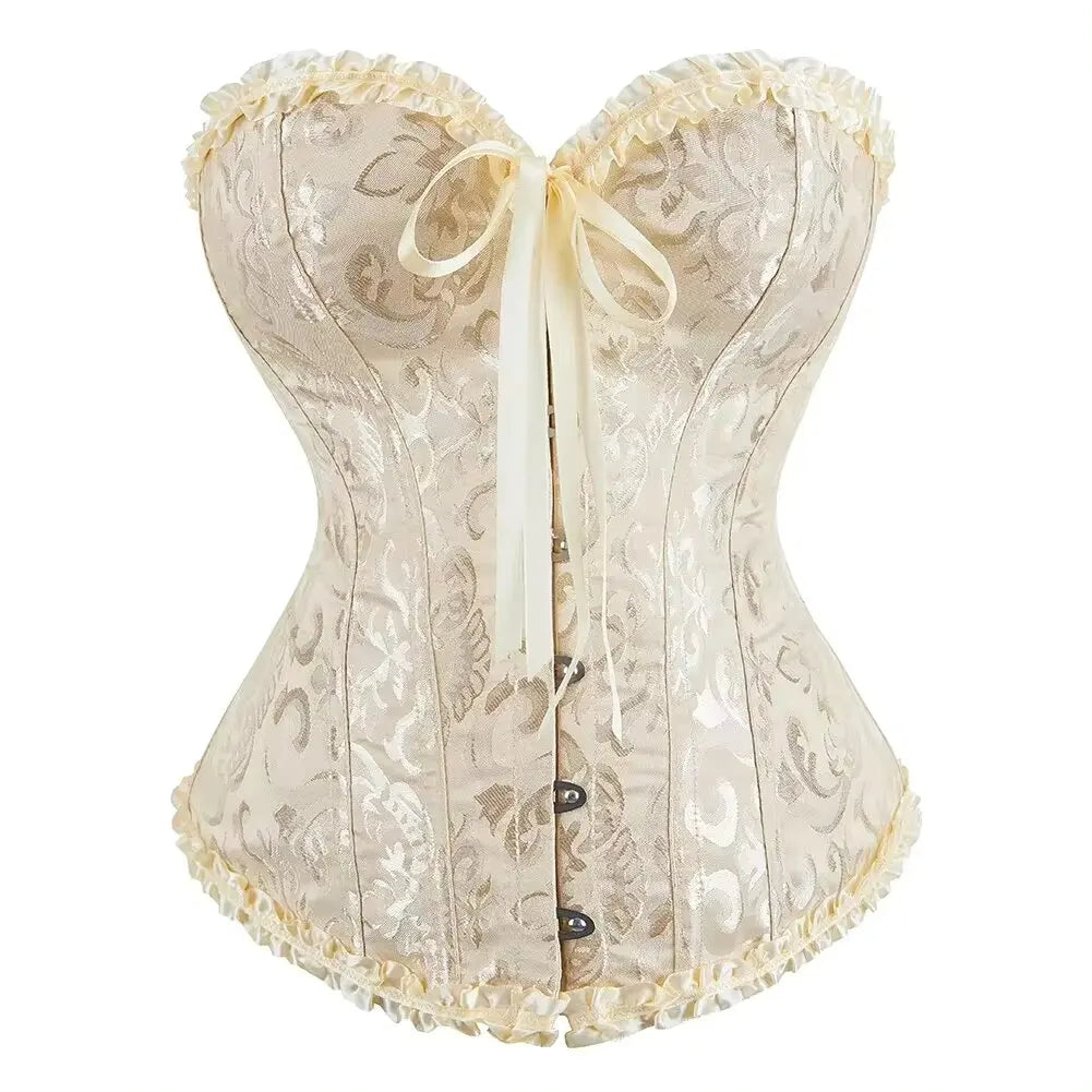 Floral Jacquard Overbust Corset with Sweetheart Neckline and Busk Closure