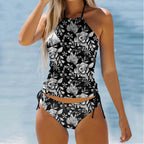 Feather Print Halter Neck Tankini Set with Side-Tie Detailing