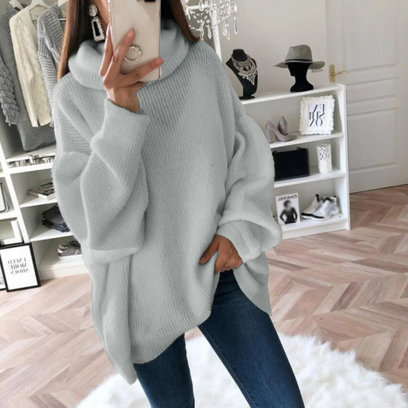 Women's Oversized Turtleneck Drop Shoulder Relaxed Knit Streetwear Sweater