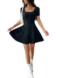 Square Neck Short Sleeve A-Line Mini Dress with Flared Skater Silhouette
