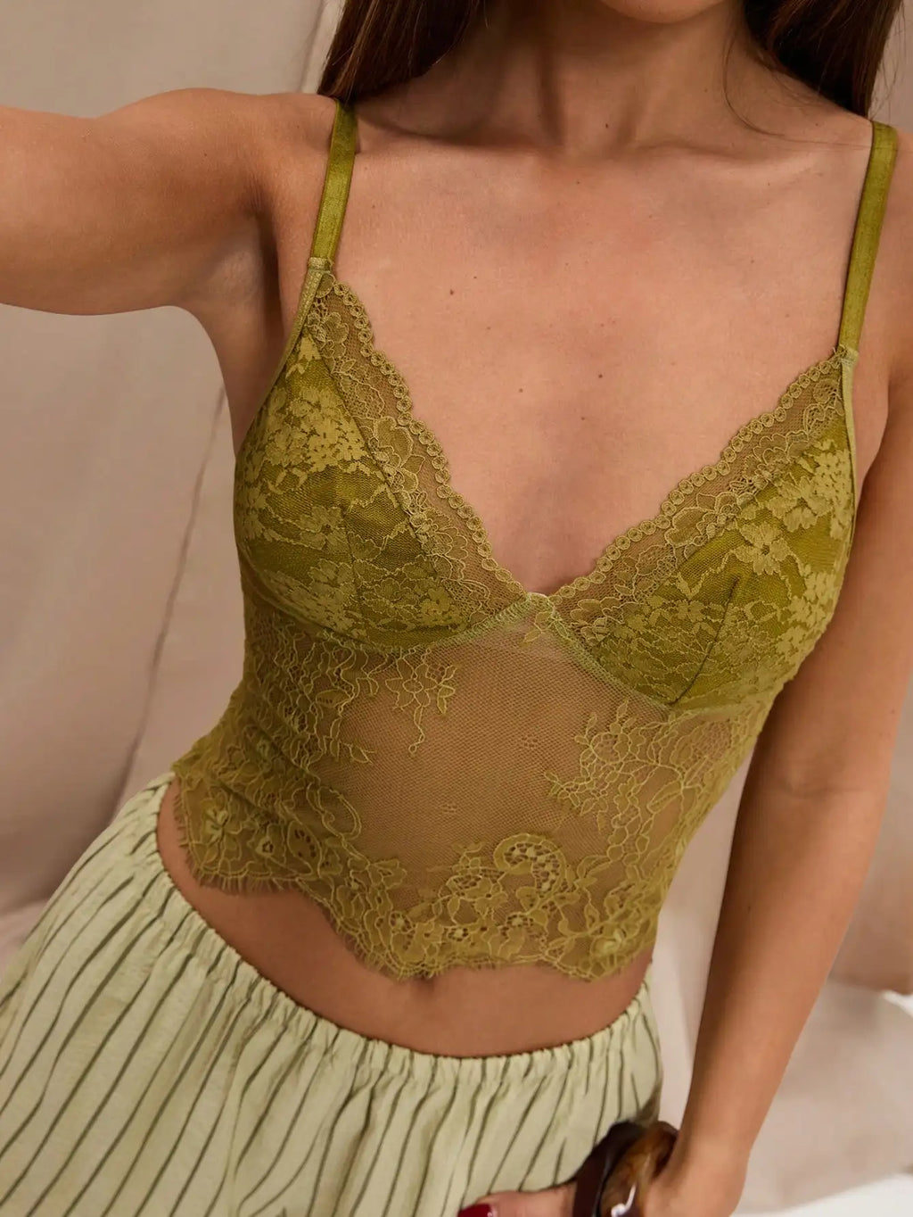 Sheer Lace Camisole Crop Top with Delicate Trim and Alternative Styling