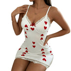Romantic Heart Print Mini Slip Dress with Scalloped Lace Trim and Delicate Bow Detail