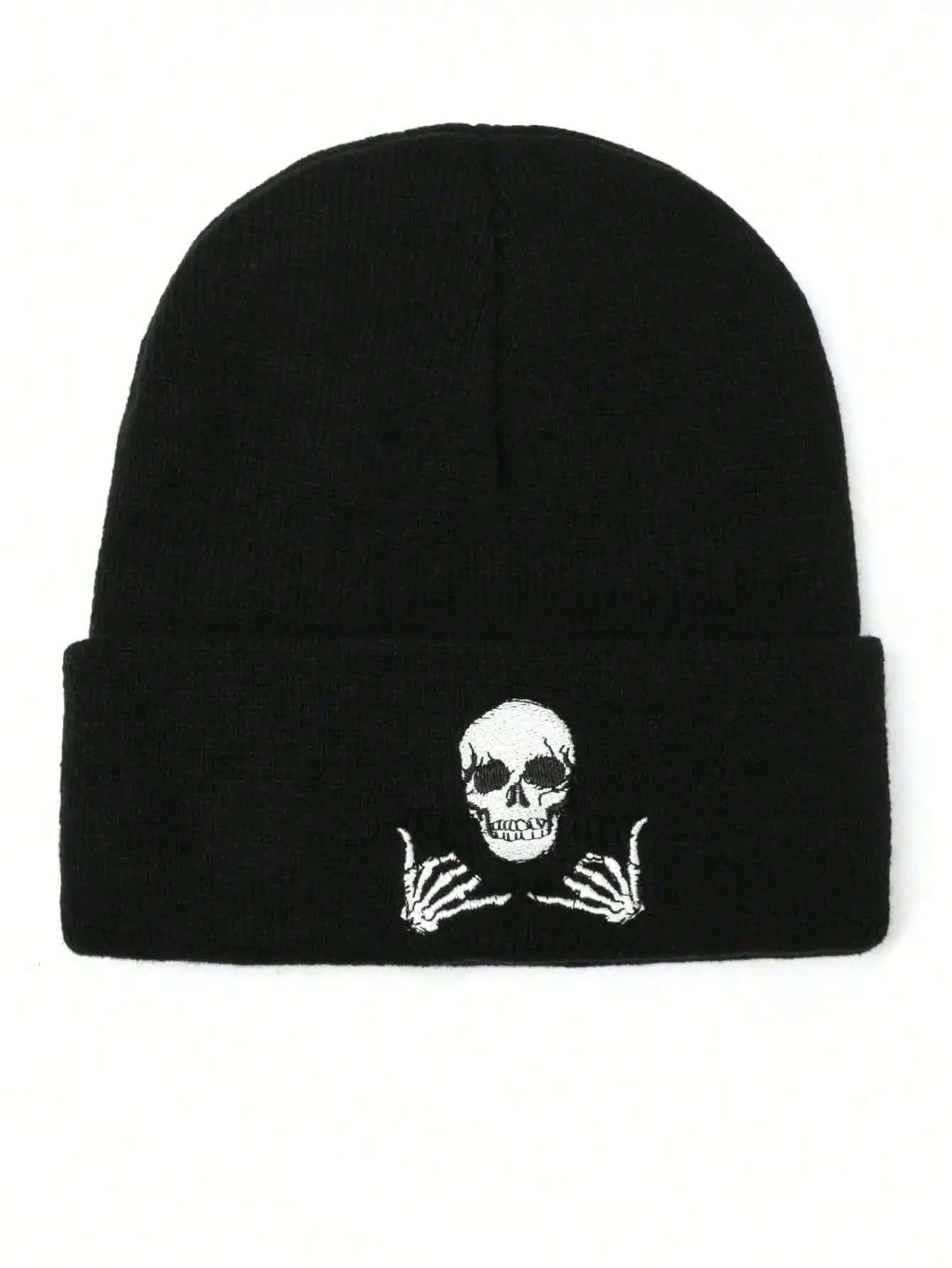 Embroidered Skull Graphic Acrylic Knit Beanie for Contemporary Streetwear Winter Casual Fashion Style