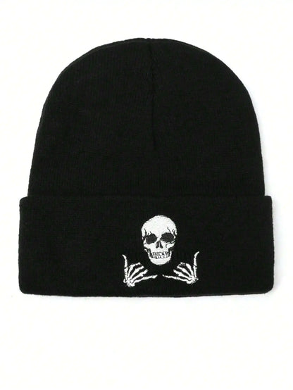 Embroidered Skull Graphic Acrylic Knit Beanie for Contemporary Streetwear Winter Casual Fashion Style