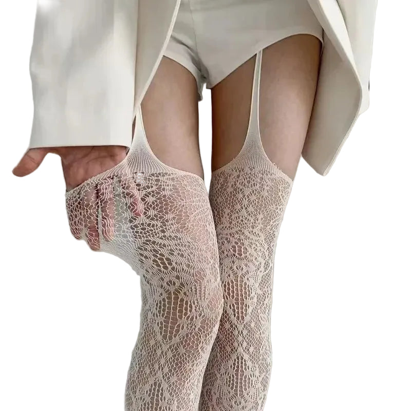 Floral Fishnet Suspender Tights Alternative Punk Fashion Garter Style Hosiery