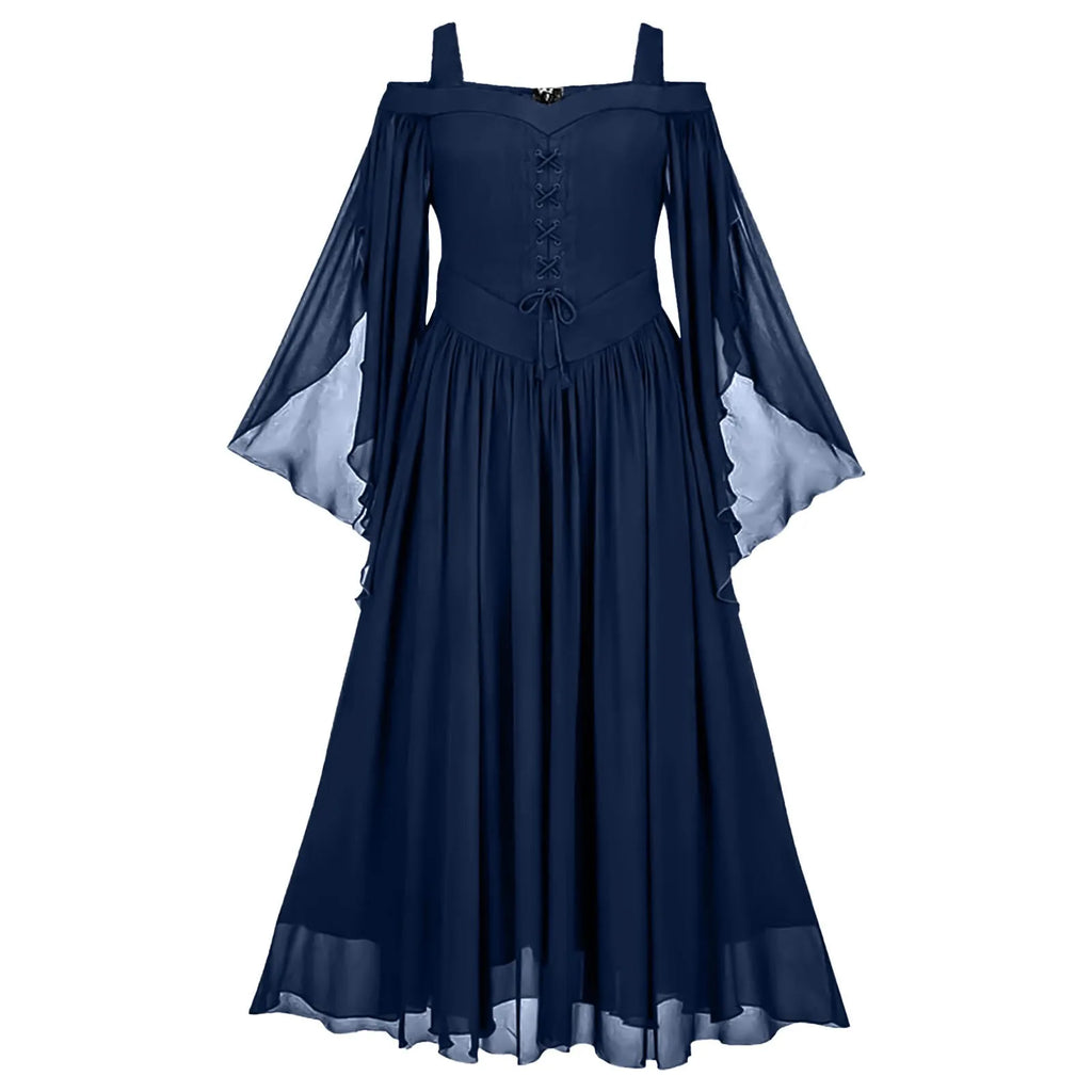 Elegant Gothic Chiffon Maxi Dress with Flowing Bell Sleeves