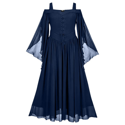 Elegant Gothic Chiffon Maxi Dress with Flowing Bell Sleeves