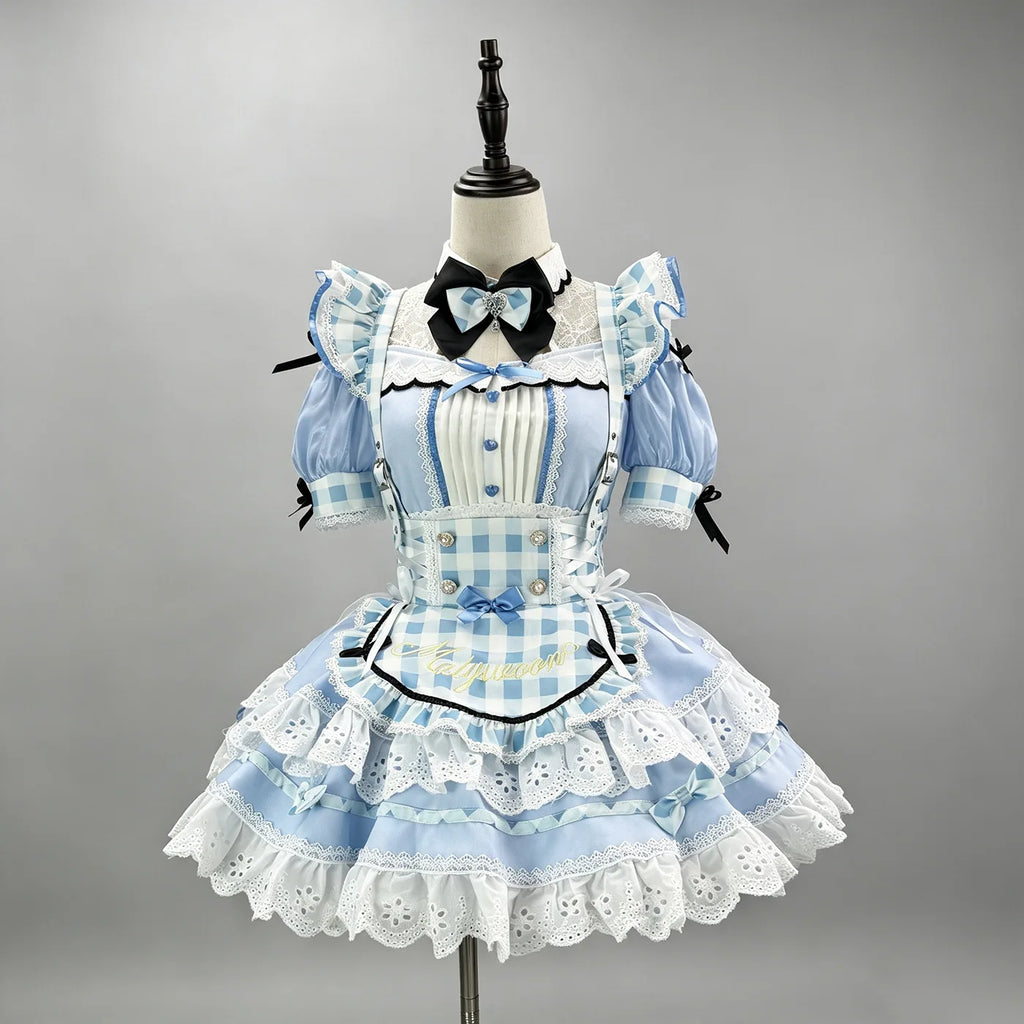 Light Blue Gingham Lolita Maid Dress with Intricate Lace and Bow Accents