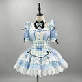 Light Blue Gingham Lolita Maid Dress with Intricate Lace and Bow Accents