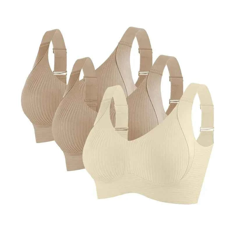 3-Piece Wireless Push-Up Bra Set with Ribbed Texture, V-Neck Design and Adjustable Straps