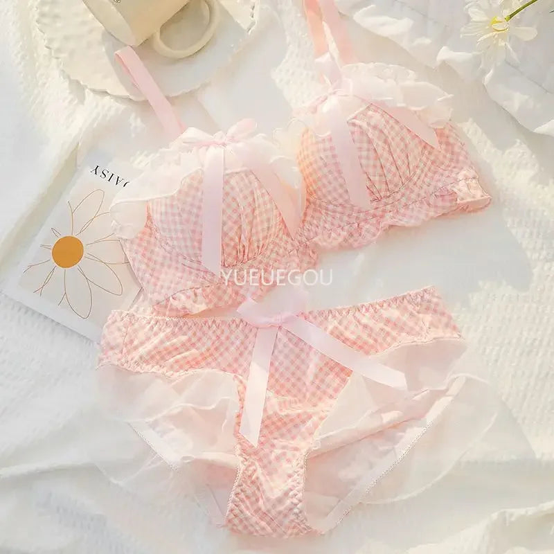 Playful Black and White Polka Dot Wire-Free Ruffled Bra Set