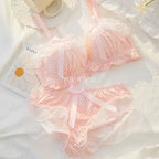 Playful Black and White Polka Dot Wire-Free Ruffled Bra Set