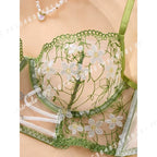 Ethereal Green Mesh and White Daisy Embroidered Underwire Bra Set