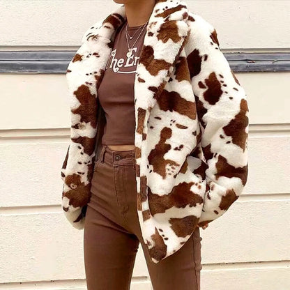 Women's Plush Animal Print Faux Fur Jacket Relaxed Casual Statement Winter Outerwear