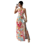 Vibrant Floral Pleated Maxi Dress with Deep V-Neck and Thigh-High Slit