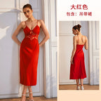 Vibrant Red Satin-Finish Midi Slip Dress with Sheer Lace Midriff