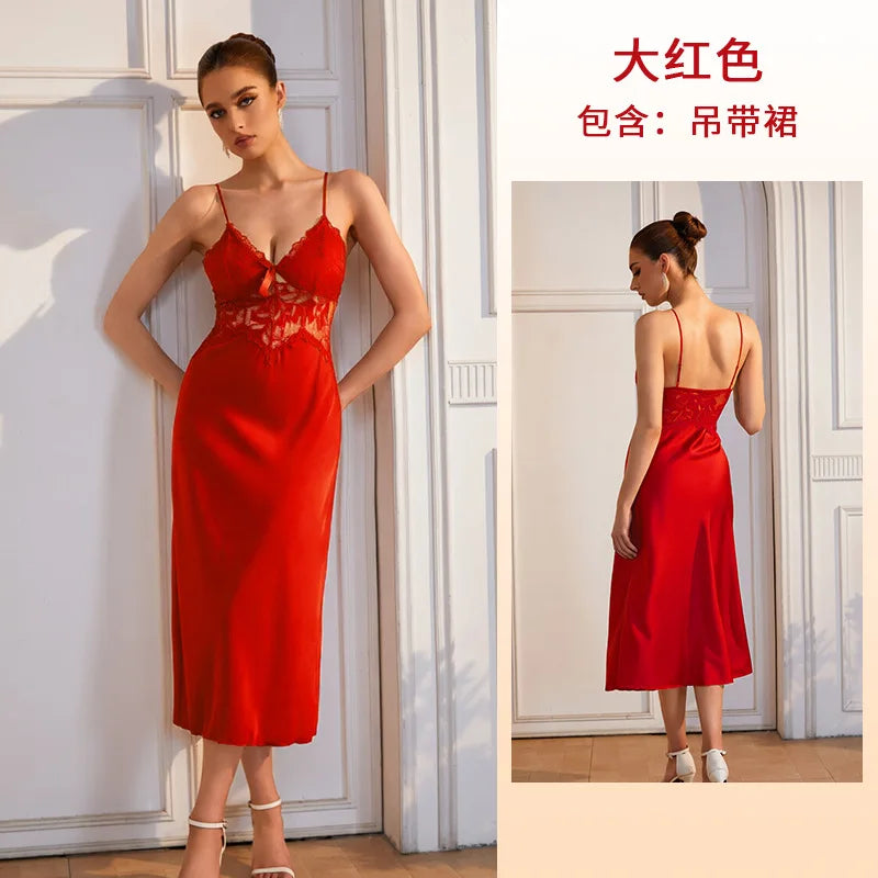 Vibrant Red Satin-Finish Midi Slip Dress with Sheer Lace Midriff