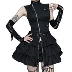 Structured Gothic Mini Dress with Utility-Inspired Alternative Fashion Details
