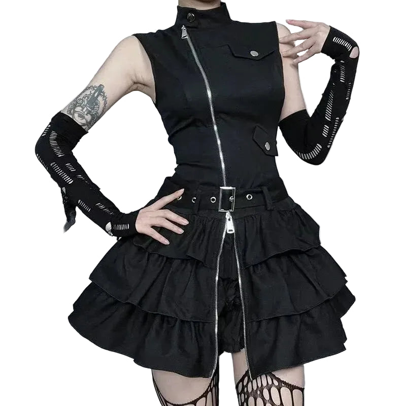 Structured Gothic Mini Dress with Utility-Inspired Alternative Fashion Details