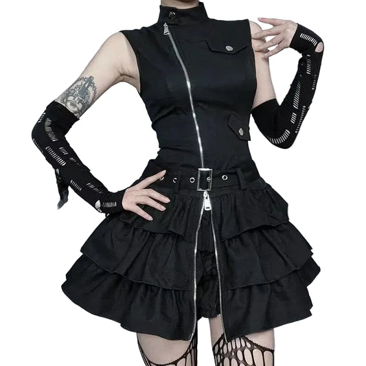 Structured Gothic Mini Dress with Utility-Inspired Alternative Fashion Details