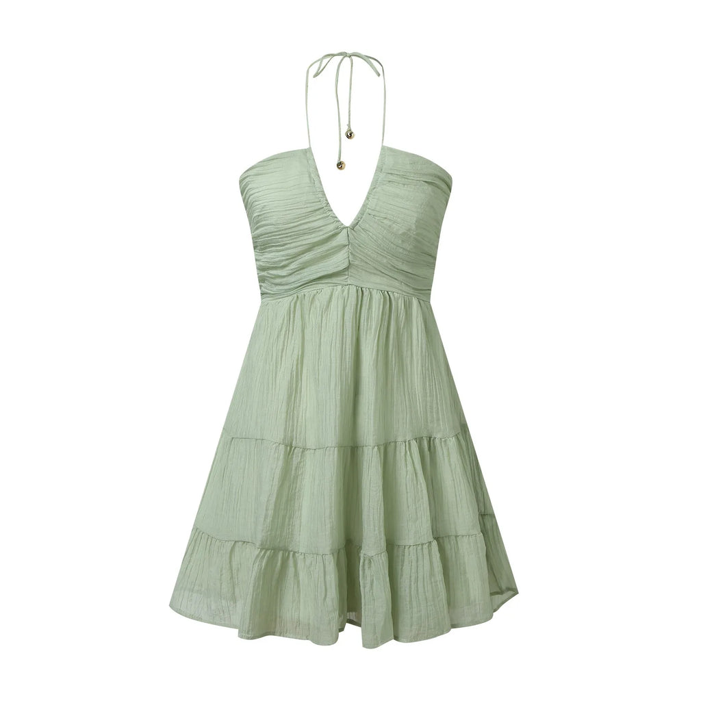 Sage Green Ruched Halter Bodice Dress with Tiered Ruffled Skirt