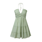 Sage Green Ruched Halter Bodice Dress with Tiered Ruffled Skirt