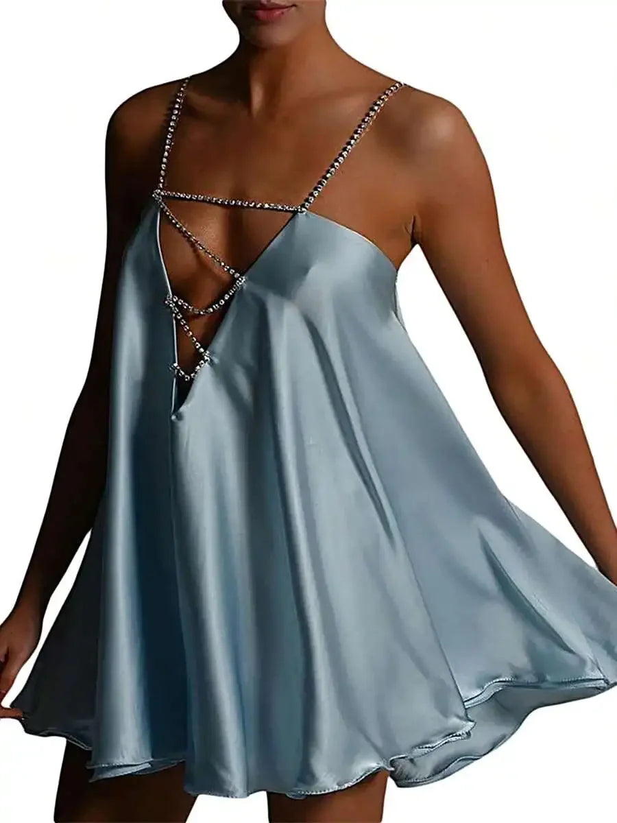 Chain Strap Satin Mini Dress with Draped A-Line Streetwear Silhouette
