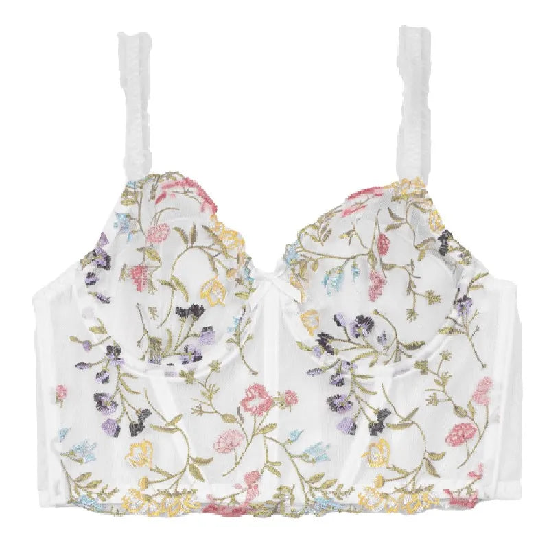 Colorful Floral Embroidery Longline Corset Bra and Panty Set