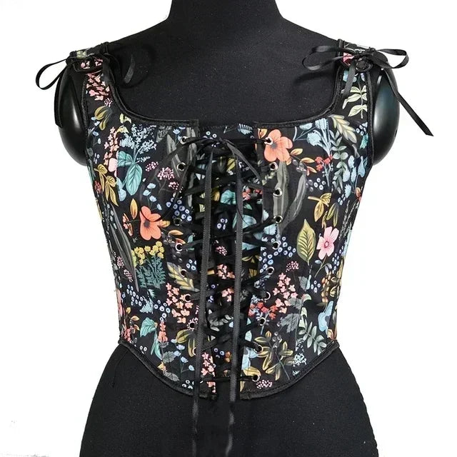 Elegant Beige Lace-Up Corset Top with Adjustable Tie-Shoulder Straps