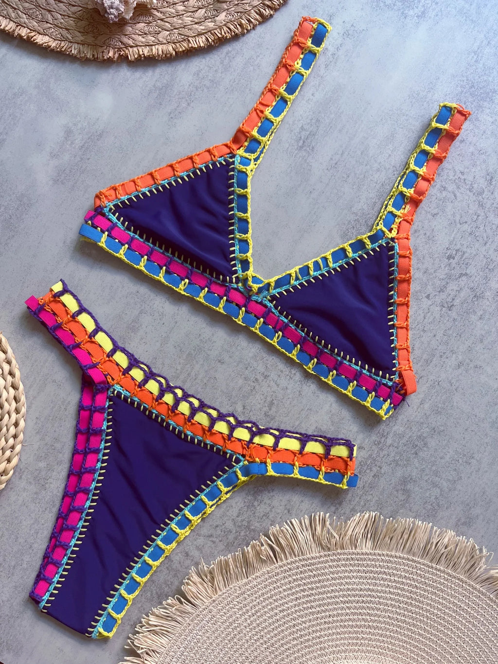 Deep Navy Scoop Neck Bikini Set with Vibrant Contrast Crochet Edging