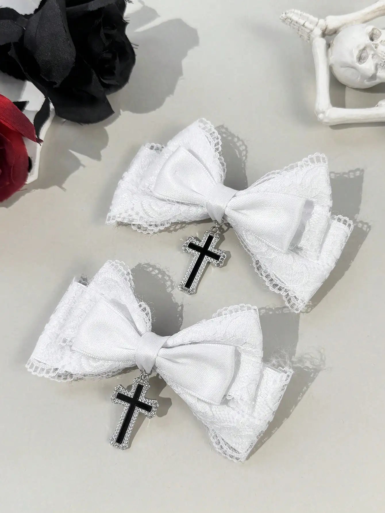 Gothic Lace Bow Hair Clips With Cross Chain Statement Accents