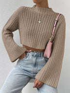 Women's Mock Neck Cropped Knit Sweater With Flared Sleeves