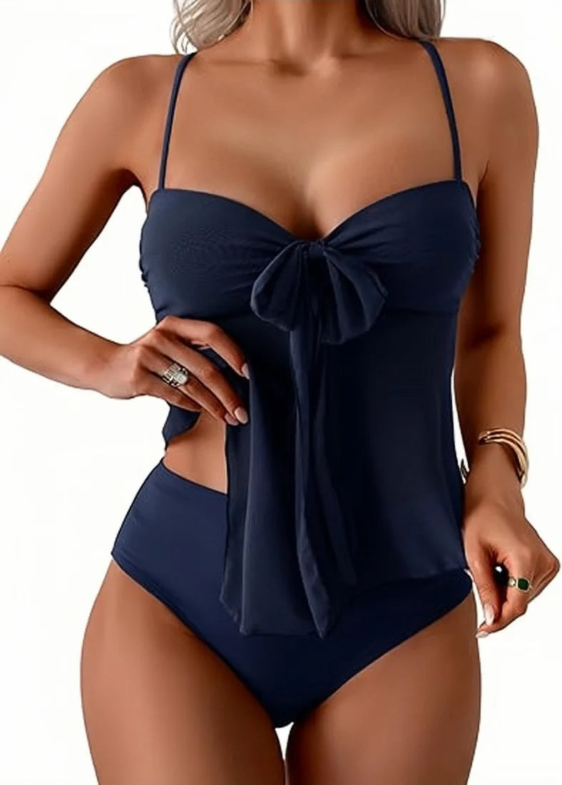 Earthy Brown Chiffon Bow Tankini Set with High-Waisted Bottoms
