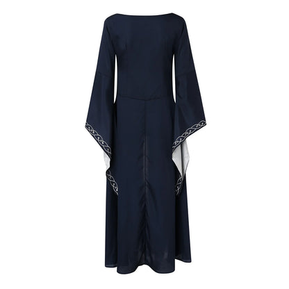Medieval Gothic Embroidered Maxi Dress with Flowing Bell Sleeves and Elegant Silhouette